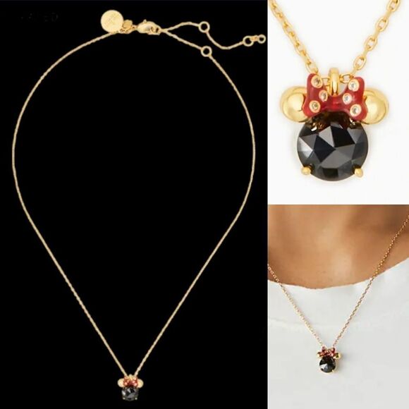 NEW KATE SPADE x DISNEY MINNIE MOUSE DARK STONE GOLD TONE NECKLACE + DUST BAG - Picture 1 of 3